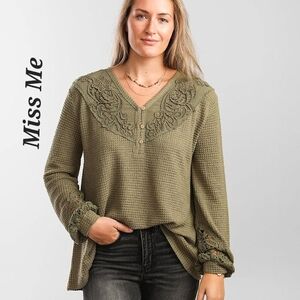 Miss Me Khaki Lace Accent Waffle Knit Blouse Top